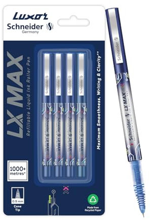 Luxor Schneider LX-MAX Tintenroller, Blau, Kegelspitze, 0,5 mm, 100 % deutsche Technologie, 1000 + m Schreiblänge, wasserfeste Tinte, ideal für Studenten und Profis
