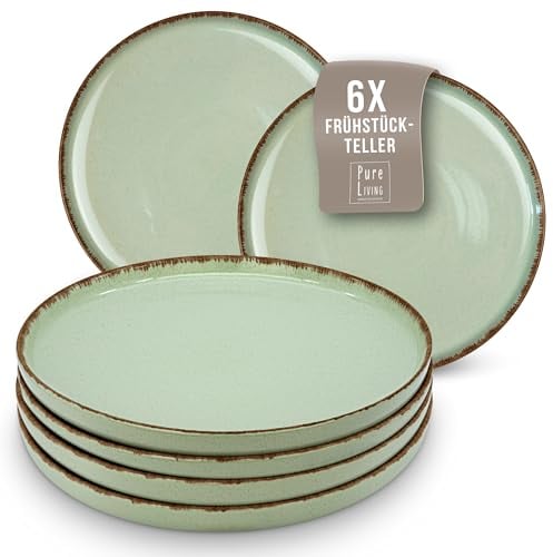 Steingut Frühstücksteller 6 Personen Rustic TESTSIEGER, Hochwertiges Landhaussttil Steingut Dessertteller Set, Kleine Teller, Salatteller - Pure Living in Mintgrün