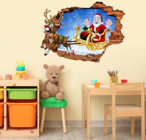 2-teilige 3d Zerbrochene Wand Elch Weihnachtsmann Wandaufkleber, Wohnzimmer, Kinderzimmer, Weihnachtsdekoration, Selbstklebende Papiertapete, 50 Bis 70cm