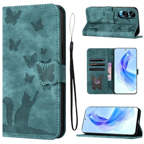 LSPCASA Carcasa para Honor 90 Lite 5G 6.7 Material De Piel Sintética Funda Honor 90 Lite con Ranuras para Tarjetas Patrón De Mariposa De Gato Fundas Honor 90 Lite Verde