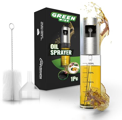 GREEN WISE Öl Sprüher – Premium Öl Sprühflasche aus Glas & Edelstahl, feiner Sprühnebel für Olivenöl & Essig, nachfüllbar mit Messskala (90ml) – inkl. Trichter & Reinigungsbürste