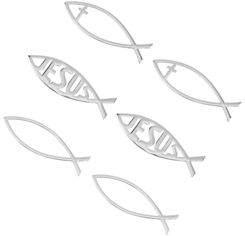 SUPERFINDINGS 6 Stück 3 Stile Silberfarbene PVC Kunststoff Aufkleber Jesus Christus Fisch Und Kreuz Selbstklebender Aufkleber DIY Aufkleber Dekorationen Für Autofenster Laptops Gepäck Kühlschrank