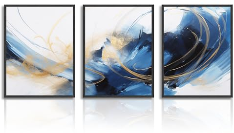 Dazzlewall Abstrakte Wandbilder Modern Blau Schwarz Gold Leinwand Bilder für Schlafzimmer Wohnzimmer Deko 30x40 cm 3er Set Ohne Rahmen