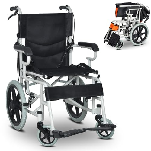 QmEna Tragbarer Seniorenrollstuhl, klappbarer Rollstuhl, Leichter klappbarer Transit-Reiserollstuhl, Reiserollstuhl Black