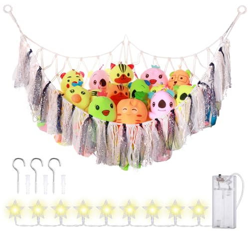 Kssvzz Kuscheltier Aufbewahrung Netz, Boho Makramee Stofftier Hängematte mit Fransen, aufbewahrung kuscheltiere für Kinderzimmer deko, Kinderzimmer