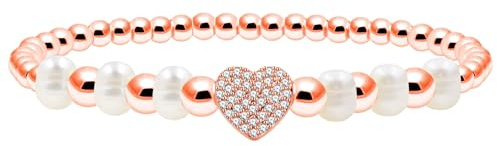 Oneress 4mm Rose Gold Plated Beads Bracelet Love Heart Tag with Inlaid Cubic Zirconia Elastic Bracelet for Women YA4767 (Rose Gold)