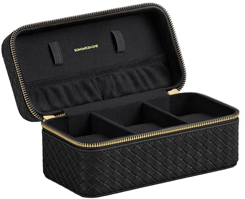 SONGMICS HOME Uhrenbox unterwegs, Etui für 3 Uhren, PU im Flechtlook, 10 x 20 x 9 cm, Geschenkidee, RONNE Kollektion, Bezug in Schwarz, Innenfutter in Schwarz JWB017B01