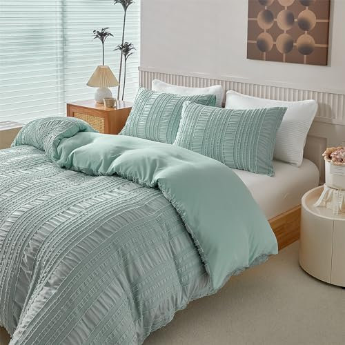 YASMENG Seersucker Bettwäsche 155x220 Grün Gestreift Getuftet Seersucker Bettwäsche Boho Bettwäsche Weich Atmungsaktiv Mikrofaser Bettwäsche 3 Teilig mit Reißverschluss und 2 Kissenbezüge 80x80 cm