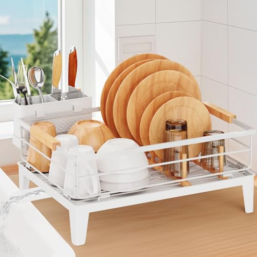 JYPS Escurridor de Platos Cocina, Escurreplatos sobre Fregadero Inoxi con Bandeja de Goteo y Soporte para Cubiertos Extraible, Dish Drying Rack de Gran Capacidad con Boquilla de Drenaje Automático