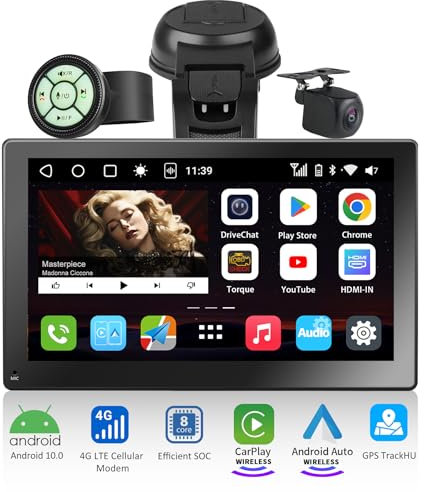 P9 4G LTE CarPlay Screen for Car, RevcarX 7 inch Portable Android Car Stereo with 1080P Rear Camera, Wireless CarPlay & Android Auto, Portable Touch Screen GPS Navigation,4G+32G,HDMI Input, SWC