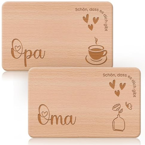 2er Opa und Oma Frühstücksbrettchen | Geschenke für Opa und Oma | Brotzeitbrett mit Gravur als Geschenk für Bester Opa und Oma | Buchenholz | Kaffeeherz Stil