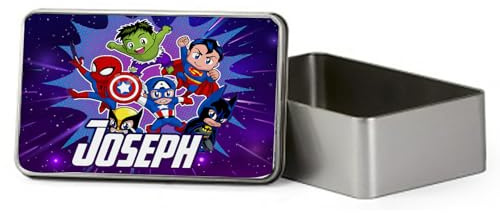 Getagift Personalised Superhero Cartoon theme Back to School Gift for Kids, Portable Metal Tin Box, Storage Box. (Rectangular)