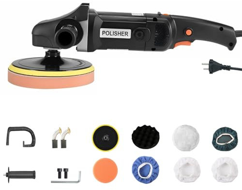 Poliermaschine Auto,1400W Professionell auto politur set 8 pcs,Mit 180mm Polierteller-8 Variable Geschwindigkeit 600-3600U/Min+G-Griff und Seitengriff,zum Wachsen und Polieren von Autos/Möbeln