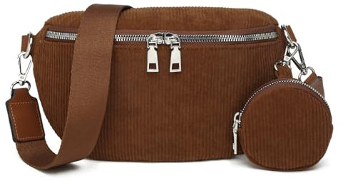 Travistar Umhängetasche Damen Klein Bauchtasche Damen Cord Tasche Crossbody Bag Damen mit Geldbörse Kreditkartenfächer Breitem Schultergurt Gürteltasche Brusttasche Damen Schultertasche Braun