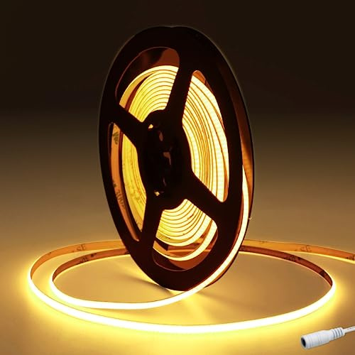 JBdusn 12V COB LED Streifen 3000K, 5m Flexibel Hohe Dichte 5mm Breite LED Strip 320LEDs/m Schneidbar LED Licht Band Selbstklebend fürSchlafzimmer Küche DIY Beleuchtungsprojekt(Ohne Netzteil)