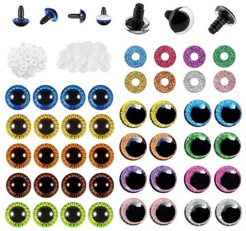 Xbessc 36 Stück Sicherheitsaugen für Häkeltiere 3D Glitzer Augen für Häkeltiere mit Unterlegscheiben Kunststoff Amigurumi Augen 15mm 18mm Bunt Puppenaugen für Plüschtier Puppe Marionette