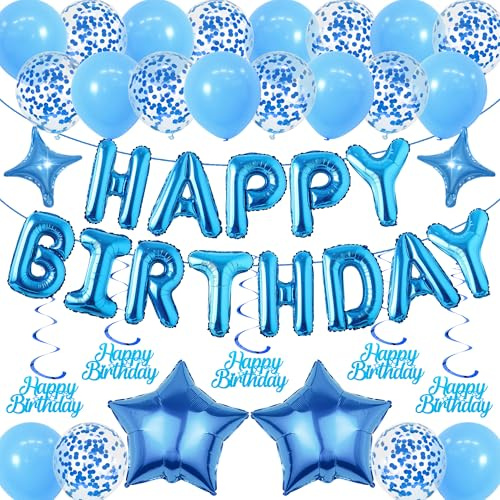 Sroeeshee Happy Birthday Balloon Decoration - Blue Happy Birthday Letter Star Foil and Confetti Latex Balloons, Hanging Swirls Decor Party Supplies for Adults Kids Girls Boys Men Women
