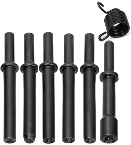 Swpeet 7Pcs Carbon Steel Heavy Duty Smoothing Pneumatic Air Rivet Hammer Tools Kit with Spring，Air Hammer Rivet Bit Set Tools Kit for Hollow Solid Half-Hollow Rivet