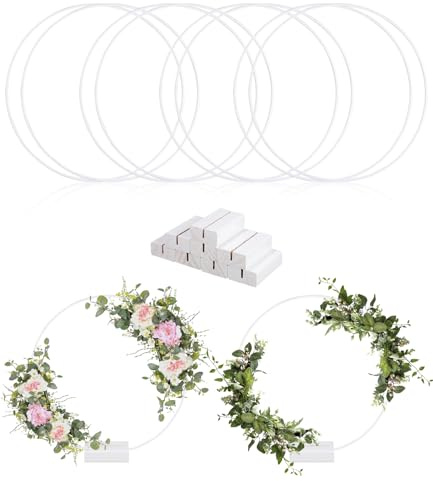 8 Stück 20cm Metallringe zum Basteln, Metallringe mit Holzständer mit Fuß | mit 8 Stück Holzständern Drahtringe Deko Ringe für Hochzeitskranz, Weihnachtsdekoration, Traumfänger DIY Handwerk, Weiß