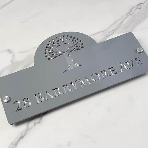 Panneau de maison personnalisé en acrylique – Plaque d'adresse personnalisée avec motif arbre, plaque d'immatriculation de porte moderne découpée au laser pour la maison, plaque d'identification