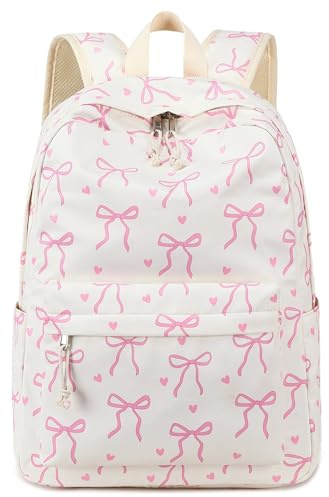LOIDOU Backpack for Girls Kids Backpacks Bookbags for Elementary Middle School Teen Backpacks Women Travel Bag(Bow tie Beige, L-17)