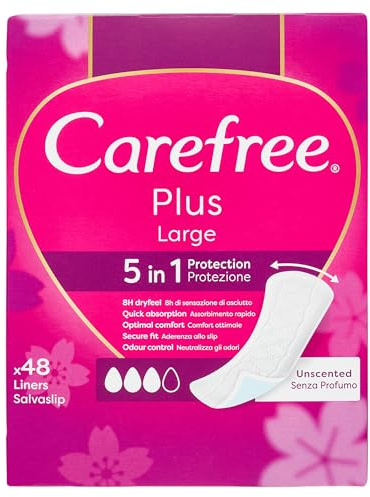 Carefree Slipeinlagen Plus Large ohne Parfüm, extra breiter Damen-Slip mit 5in1-Schutz für 8 h trockenes Gefühl, ultradünne Damen-Slipeinlagen ohne Duft für den täglichen Gebrauch, 48 Slipeinlagen