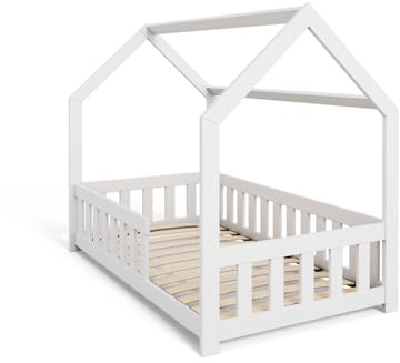 KOBI DUBI Kinder-Hüttenbett 160x80 cm aus Kiefer | mit Sicherheitsgitter, Rahmen Flex | Natur oder weiß | wahlweise mit Matratze | Möbel zur Selbstmontage (weiß, ohne Matratze)