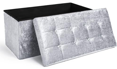 Home Republic Crushed Velvet Ottoman Storage Box – Foldable Cube Ottoman with Lid – Multipurpose Toy Chest, Foot Rest, Bench Seat & Nursery Storage Solution (Silver, 76W)