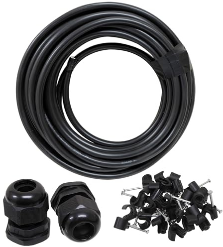 10 Metre 1.5mm 3 Core Outdoor Tuff Cable with Clips and Glands - Ideal for Garden Electrical Lighting Pond Switches - Black Tough Heavy Duty PVC Cable - Solid Copper Cores