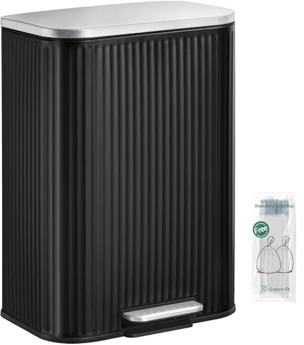 Hzuaneri Kitchen Bin, 50L Rubbish Bins for Kitchen, kitchen Pedal Bin with Soft Close Lid, Removable Inner Bucket, Stainless Steel Trash Bins with Vertical Stripe Design, Black, SW15199B