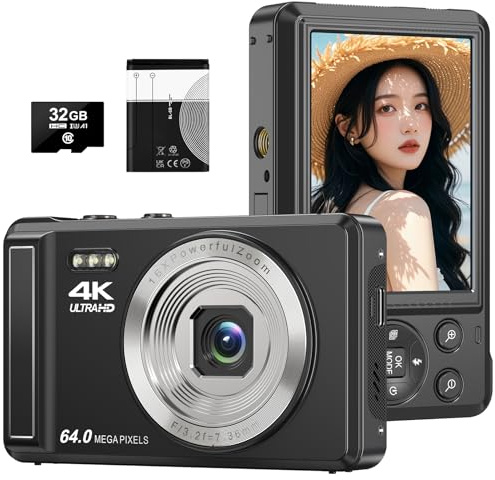 4K Digital Camera - 2.8'' Compact Digital Camera with 16x Digital Zoom, 64 MP Mini Autofocus Vlogging Camara with 32GB Card and Batteriey