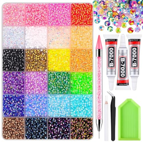 24000Pcs 24 Colors 3mm Flat Back Nail Art Rhinestones Kit, Tweezers, Picker Dotting Pen & Tray - For DIY Nails, Face Decor, Crafts, Clothes & Shoes