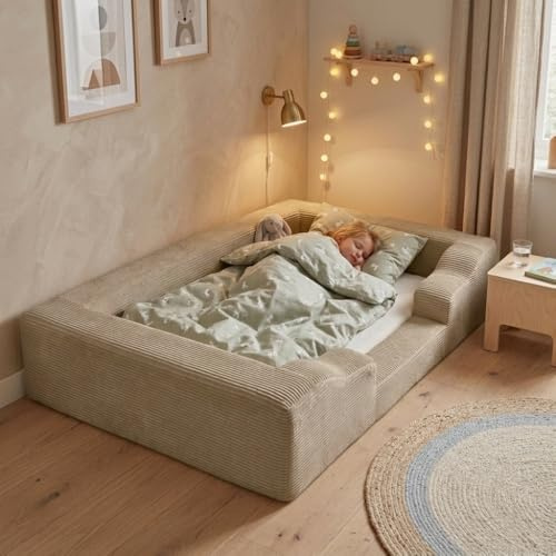 Wonder Space Schaumstoff Bodenbett für Kleinkinder - Weiches Kinderbett mit Abnehmbarem Cord-Bezug, Memory Foam Bettbasis für Kinder 1-5 Jahre, Passt auf Standard Matratze (Khaki)
