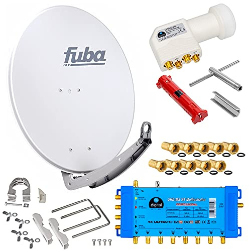 Fuba 8 Teilnehmer Digital SAT Anlage 78cm Schüssel DAA780G Hellgrau + hb-digital UHD 414 W Quattro LNB 0,1dB HDTV 4K + UHD-MS 5/8 Multischalter + Aufdreh-Set + 24 vergoldete F-Stecker Gratis dazu
