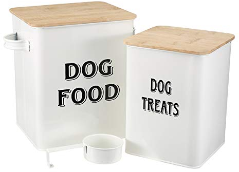 Dog Food and Treats Containers Set with Scoop for Dogs -Tight Fitting Wood Lids - Coated Carbon Steel - Storage Canister Tins-White