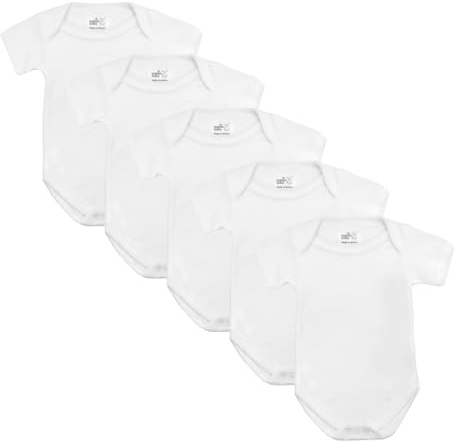 Baby Bodysuits, Baby Vests, Newborn Vests, Cotton Short Sleeved Newborn Bodysuit, British Made for Boys or Girls, 5 Pack, White, 0-3 Months