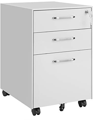 SONGMICS Rollcontainer, unter Schreibtisch, Aktenschrank mit Schubladen, Büroschrank mit Rollen, für Akten und Dokumente, mit Hängeregistratur, fürs Büro, Arbeitszimmer, aus Stahl, weiß OFC010W01