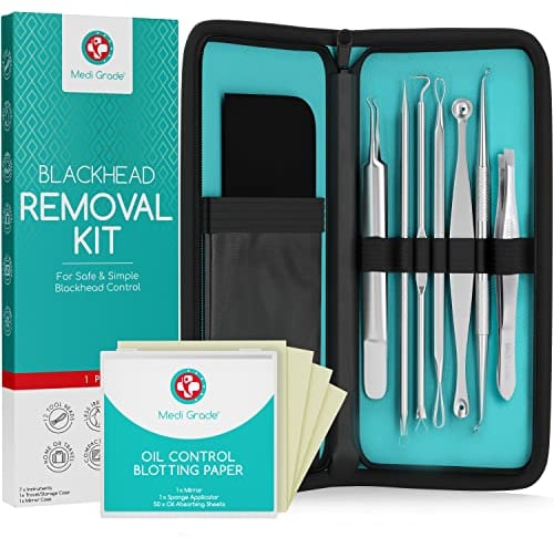 Medi Grade Kit Schiaccia Brufoli e Estrattore Punti Neri Medi Grade, Set di 7 Strumenti Togli Punti Neri