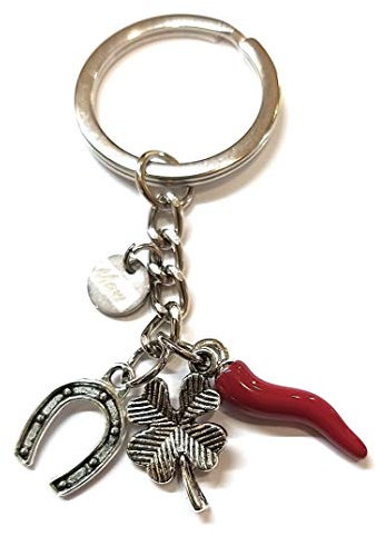 Portachiavi uomo donna in acciaio con pendente portafortuna/corna/zampa/albero della vita/mano di fatima (corno quadrifoglio ciampa di cavallo)