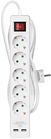 Emos P1523RU - Regleta de 5 enchufes con 2 Puertos USB y Cable de extensión de 3 m, Interruptor y protección Infantil, IP20 para Interiores, 2,1 A de Corriente de Carga, 3680 W, 250 V
