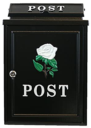 Vintage Decor by DWD® Weatherproof Post Box Rose Design-Lockable Heavy Duty Secure Wall Mounted Letter Mail Post Box for Walls/Gates/Garages.Charming, easy to fit (Black with White Rose)