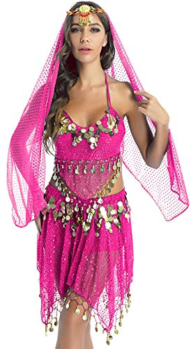 Doomiva Costume Danse Orientale Femme Paillette Brillante Haut Glands Tops Sexy Jupe Asymétrique Ensemble Jupe Tulle Voile Couvre-Chef Tenue Spectacle 4 Pièces Rose Vif Taille Unique