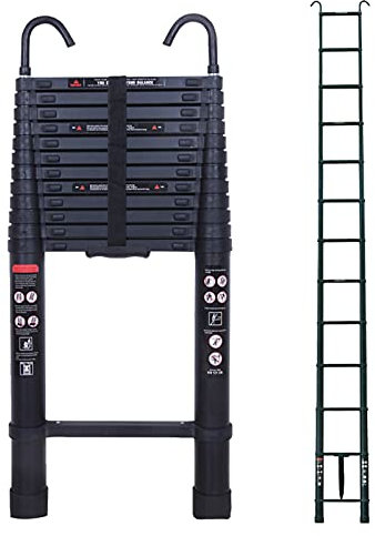 Aluminum Telescoping Extension Ladder 16.5FT - Folding Loft Attic Ladder with 2 Detachable Hooks & Non-slip Securing Strap - Easy to Store, Multi-purpose for Indoor/Outdoor Use - EN131 Safe Standard