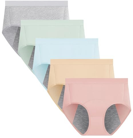 Yintry Bragas de período Menstrual para Mujer, Ropa Interior de algodón a Prueba de Fugas, Pantalones de protección de Flujo Pesado, Calzoncillos Transpirables, Paquete de 5 (S, 5Color)