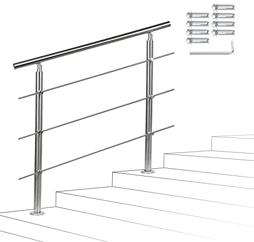 Sonnewelt Pasamanos escalera acero inox 100 * 4.2 * 106.5cm,3 barras,barandilla con kit de instalación,para Exteriores Ático Barandas para Ancianos y niños