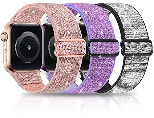 HPJK 3 Packs Glitzer Sport Loop Armband Kompatibel mit Apple watch 41mm 40mm 38mm, Nylon Geflochten Elastische Ersatzband für iWatch Series 7 6 5 4 3 2 1 SE, 41mm 40mm 38mm Rosa/Violett/Silber-S