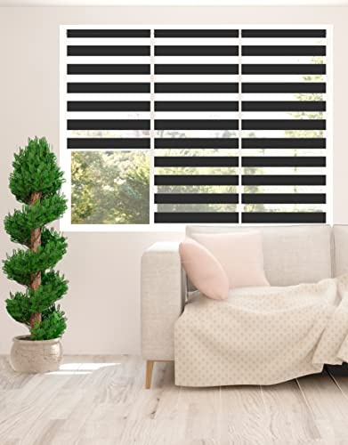 Zebra-Rollo – Tag und Nacht Rollo, Aluminiumrahmen, Zweilagiger, gestreifter Stoff, modern, elegant, Fensterrollo, leicht zu reinigen, Lichtkontrolle, Privatsphäre, 145 cm Länge, Schwarz, 70 cm Breite