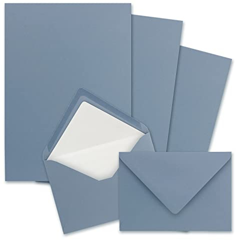 1000x Briefpapier-Sets DIN A4 mit C6 gefütterten Briefumschlägen, Nassklebung - Graublau - mattes Schreibpapier und Kuverts mit weißem Seidenfutter