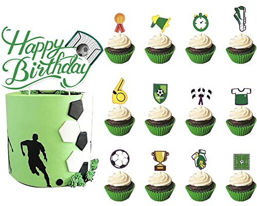 Pack of 25 Football Cupcake Toppers,Tortendeko Fussball,Fussball Deko Geburtstag Kinder,Tortendeko Fussball Essbar,Happy Birthday Cupcake Toppers for Football Sports Party Children's Birthday
