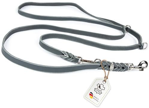 Hundeleine Leder 3,50m kleine Hunde leicht Fettlederleine [3-Fach Verstellbar] Lederleine geflochten – robuste Leine Hund mit Chrombeschlägen, Führleine Hund & Freihandleine zum Umhängen, Grau 10mm